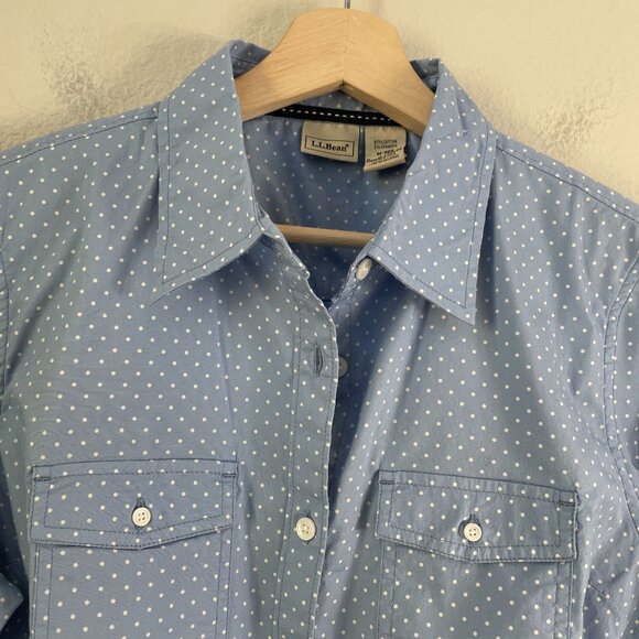 LL Bean Womens Medium Blue Polka Dot Button Up Shirt Roll Tab Sleeve Blouse Top - Picture 7 of 9